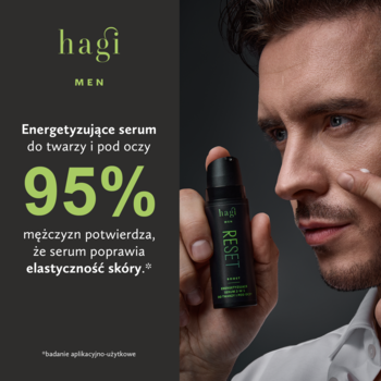 Mężczyzna aplikuje energetyzujące serum Hagi Men Reset na twarz. Obok butelka i claim 95% poprawy elastyczności.