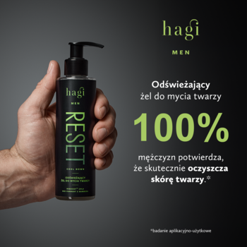 Męska dłoń trzyma czarny żel do mycia Hagi Men Reset Cool Down z pompką, zielone logo, bliska perspektywa.