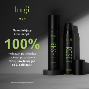 Dwie czarne butelki z pompką kremu miejskiego Hagi Men Reset dla mężczyzn, na ciemnym tle.