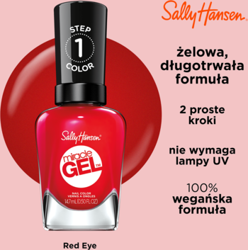 Lakier Sally Hansen Miracle Gel 470 Red Eye, czerwony, żelowy, bez lampy UV, widok z przodu butelki.