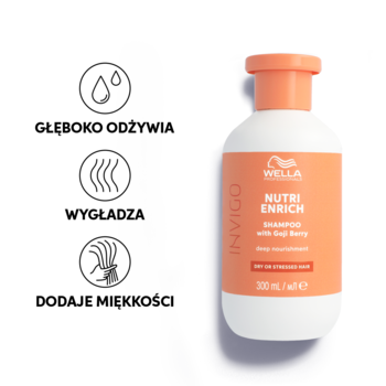 Wella Invigo Nutri-Enrich szampon do suchych włosów, biała butelka z pomarańczową etykietą, ikony działania.