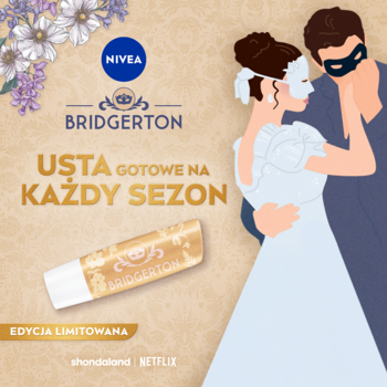 NIVEA Vanilla Biscuit Bridgerton pomadka do ust, limitowana edycja. Złoty sztyft obok ilustracji pary w maskach.