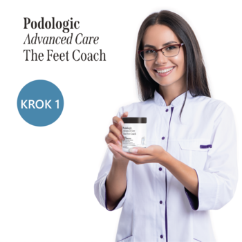 Uśmiechnięta kobieta w kitlu prezentuje Podologic Advanced Care, KROK 1, zmiękczające perełki do stóp.