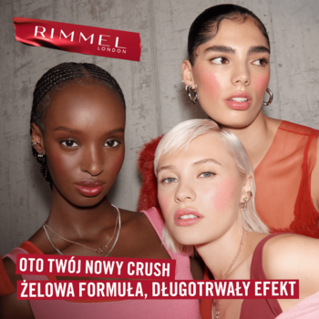Trzy modelki promują tint Rimmel Jelly Crush, podkreślając żelową formułę i długotrwały efekt.