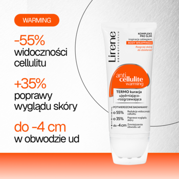 Lirene Anti Cellulite Warming, biała tuba koncentratu z pomarańczowymi akcentami, widok pod kątem, obok statystyki redukcji cellulitu.