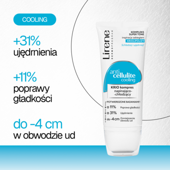 Biała tubka Lirene Anti Cellulite Cooling na tle z claimsami: +31% ujędrnienia, do -4 cm w obwodzie ud.