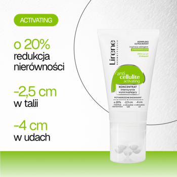 Lirene Anti Cellulite Activating koncentrat, biała tuba z zieloną etykietą, obietnice redukcji nierówności i centymetrów.
