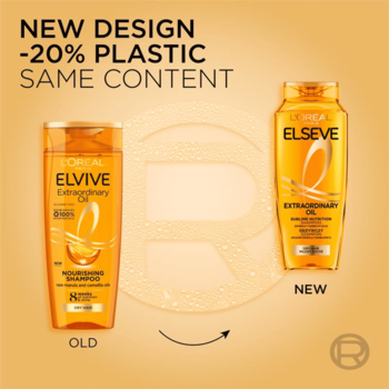 L'Oréal Elvive Elseve Extraordinary Oil, dwie butelki szamponu do włosów suchych: stara i nowa wersja -20% plastiku.