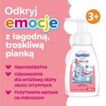 Biała pianka Bambino Dzieciaki Emocje dla dzieci 3+ do higieny intymnej, z nadrukiem zająca, widok z przodu.