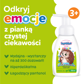 Pianka myjąca Bambino Dzieciaki Czystej Ciekawości, biała butelka z jeżem, dla dzieci 3+, delikatna.