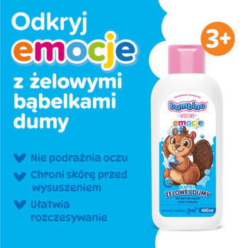 Bambino Dzieciaki Emocje Żelowe Bąbelki Dumy żel 2w1 dla dzieci 3+, biała butelka z bobrem na etykiecie.