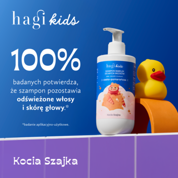Hagi Kids Kocia Szajka szampon bąbelek z pompką i żółta kaczka. Reklama z claimem 100% odświeżonych włosów.