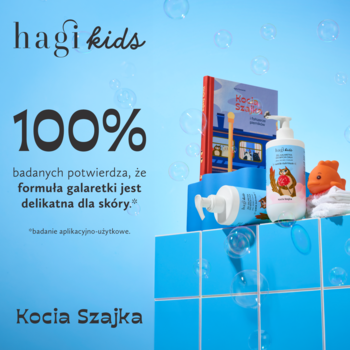 Żel galaretka Hagi Kids Kocia Szajka wata cukrowa na niebieskich kafelkach z książką, zabawkami i bąbelkami.