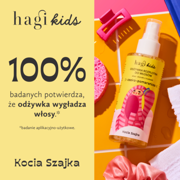 Hagi Kids Kocia Szajka odżywka do włosów w sprayu, czeko-pomarańcza. Żółta butelka z postacią, napis: 100% wygładza.