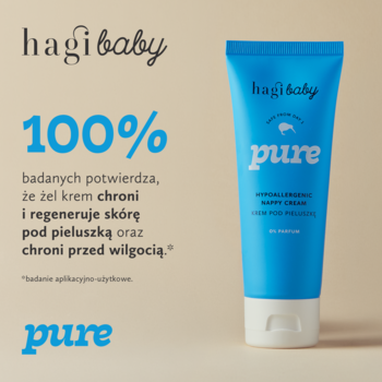 Niebieska tubka kremu Hagi Baby Pure, hipoalergiczny krem pod pieluszkę, na beżowym tle, obok hasła 100%.