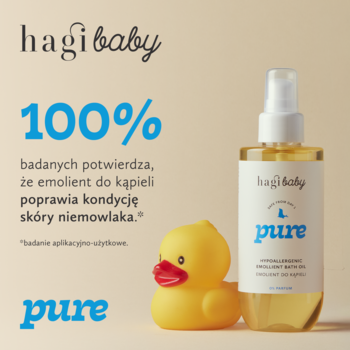 Hagi Baby Pure hipoalergiczny emolient do kąpieli, butelka spray obok gumowej kaczuszki, dla niemowląt.