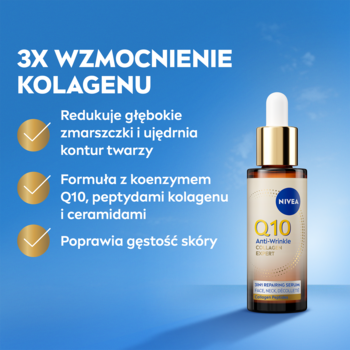 NIVEA Q10 serum przeciwzmarszczkowe, brązowo-złota butelka z pipetą, widok z przodu, na tle nieba.