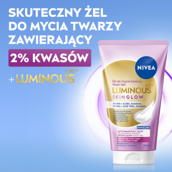 Różowy żel NIVEA Luminous630 Skin Glow do mycia twarzy z 2% kwasów AHA, widok z przodu.