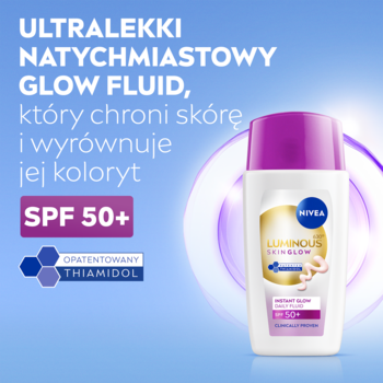 NIVEA LUMINOUS630 Ultralekki Glow Fluid SPF 50+ z Thiamidolem, biała butelka z fioletowym korkiem.