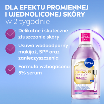 NIVEA LUMINOUS630 Płyn Micelarny z 5% serum w różowej butelce, obok tekst o promiennej skórze w 2 tygodnie.
