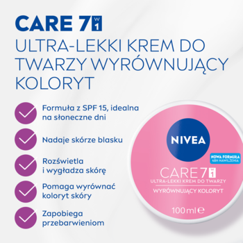 NIVEA CARE 7w1 ultralekki krem do twarzy, wyrównujący koloryt, z SPF 15, różowy słoiczek.
