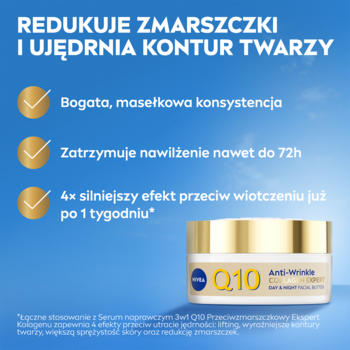 NIVEA Q10 Masełko do twarzy, złoty słoiczek, z tekstami o redukcji zmarszczek i nawilżeniu.