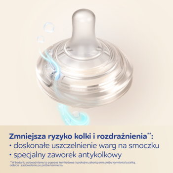 Zbliżenie na przezroczysty smoczek antykolkowy Canpol Babies Natural Shape z pierścieniami i tekstem o redukcji kolki.