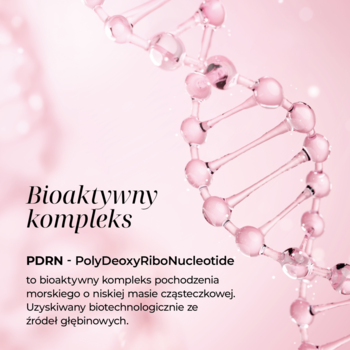 Różowa struktura DNA z tekstem o PDRN PolyDeoxyribonucleotide, składniku serum rewitalizującego.