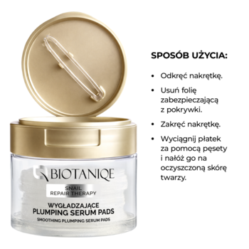 BIOTANIQE Wygładzające Plumping Serum Pads, otwarty przezroczysty słoik ze złotą nakrętką i pęsetą, obok instrukcja.