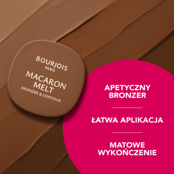 Bronzer Bourjois Macaron Melt, matowe wykończenie, w owalnym brązowym opakowaniu na tle próbek kolorów.