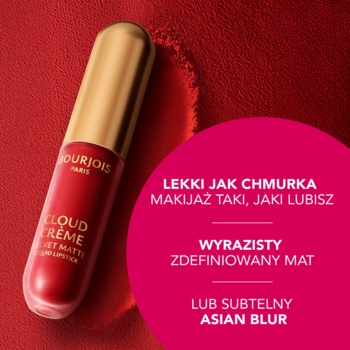 Bourjois Cloud Crème Velvet Matte Liquid Lipstick w czerwonej tubce ze złotą nakrętką, na tle czerwonego aksamitu, z hasłami.