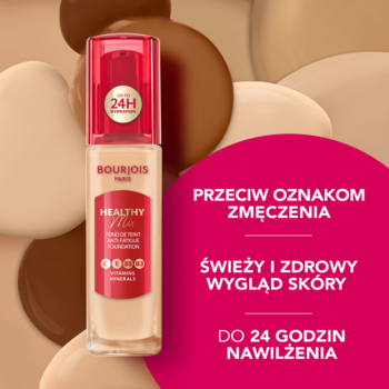 Bourjois Healthy Mix podkład w szklanej butelce z pompką, na tle swatches. Wskazano: przeciw zmęczeniu, 24H nawilżenia.