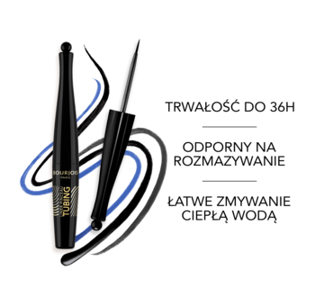 Czarny eyeliner tubingowy Bourjois: buteleczka i aplikator, obok swatche i tekst o trwałości 36h, łatwym zmywaniu.