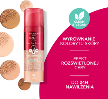 Bourjois Healthy Mix Glow Tint Essence, beżowa butelka z różową nakrętką, na tle próbek odcieni, widok z przodu.