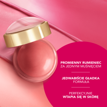 Bourjois Little Round Pot koralowy róż do policzków i ust w kremie, satynowy, otwarty słoiczek na różowym tle.