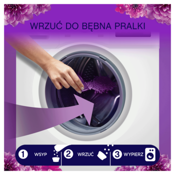 Ręka wsypuje fioletowe perełki zapachowe Lenor Floral Bouquet do bębna pralki, ukazując krok 2.