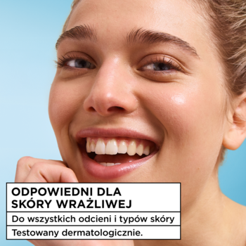 Krem-sorbet Garnier Hyaluron Fresh & Plump. Młoda kobieta z uśmiechem, tekst: odpowiedni dla skóry wrażliwej.