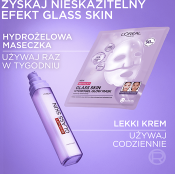 L'Oréal Glass Skin: fioletowa maseczka hydrożelowa i lekki krem/serum w sprayu. Widok z przodu na fioletowym tle.