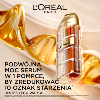 L'Oréal Age Perfect Serum Le Duo w złoto-przezroczystej butelce, serum na 10 oznak starzenia.