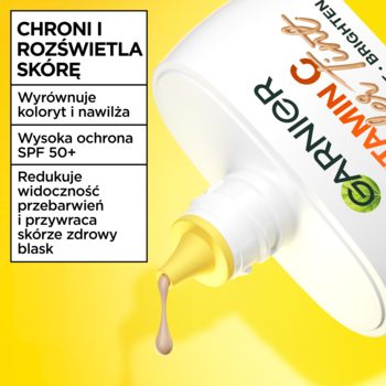 Garnier Vitamin C Wonder Tint SPF 50+, zbliżenie na aplikator z kroplą fluidu, na żółtym tle.