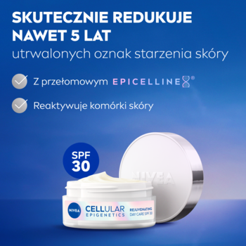 NIVEA Cellular Epigenetics krem na dzień SPF30, biały słoiczek, z Epicelline, redukuje nawet 5 lat starzenia.