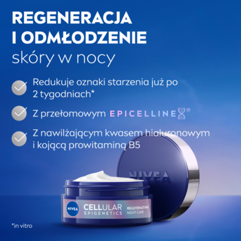 NIVEA Cellular Epigenetics odmładzający krem na noc. Niebieski słoiczek z białym kremem, obok fioletowe wieczko.