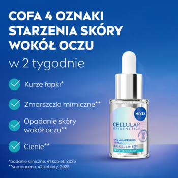 NIVEA Cellular Epigenetics serum pod oczy z kroplomierzem, niebieskie tło, redukuje 4 oznaki starzenia w 2 tyg.