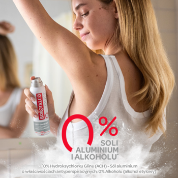 Dezodorant Borotalco Pure w sprayu, 0% soli aluminium i alkoholu, aplikowany przez kobietę.