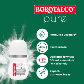 Borotalco Pure roll-on, biały z czerwonym logo, na zielonym tle, z ikonami 48h, 0% aluminium i piżmowej bryzy.