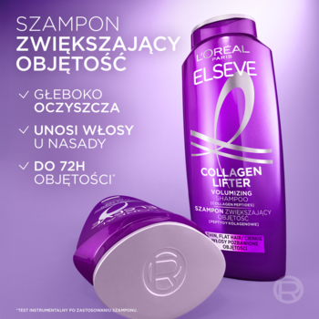 Fioletowy szampon L'Oréal Elseve Collagen Lifter zwiększający objętość, widok z przodu, z mniejszą odwróconą częścią.