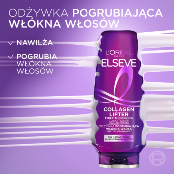 Fioletowa odżywka L'Oréal Elseve Collagen Lifter pogrubiająca włókna włosów, butelka z białymi falami, widok z przodu.