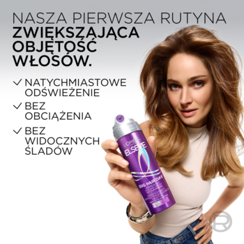 Kobieta z burzą włosów trzyma srebrno-fioletowy spray L'Oréal Elseve zwiększający objętość.