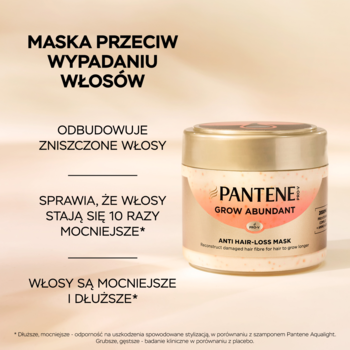 Złoty słoiczek maski Pantene Pro-V Grow Abundant przeciw wypadaniu włosów, z różowymi perłami, widok z przodu.