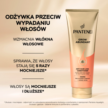 Odżywka Pantene Grow Abundant przeciw wypadaniu włosów, złoto-pomarańczowa tubka na beżowym tle, przód.